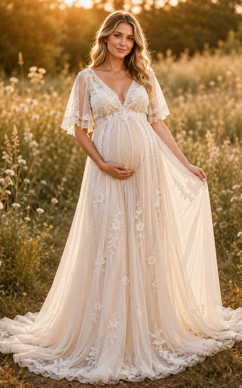 Vestido de novia premamá con escote en V, mangas con volantes, encaje, estilo campestre, con cola de capilla.