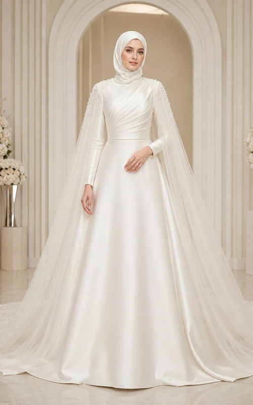 Vestido de novia sencillo musulmán de satén con cuello alto y capa tipo catedral, corte A.