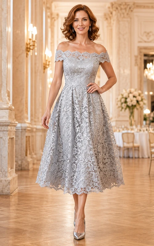 Silver lace off shoulder A-line club banquet midi dress
