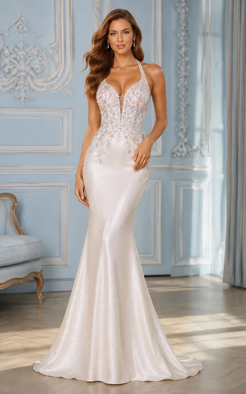 Mermaid Wedding Dress with Lace Bodice, V-Neck, and Low Open Back