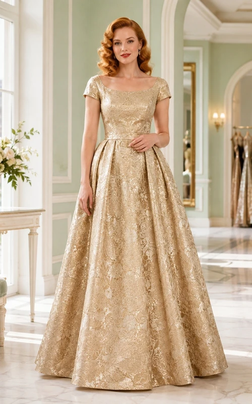 Gold Vintage 1950s Lace Short Sleeve Satin A-Line Formal Gown Dress