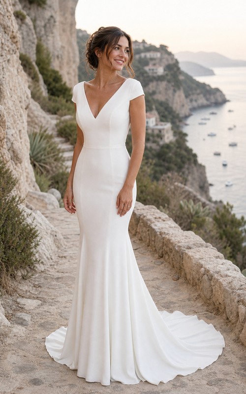 wedding dresses for over 50 brides June Bridals Scalloped Short Sleeve Satin Summer Wedding Dress With Lace And Button Back