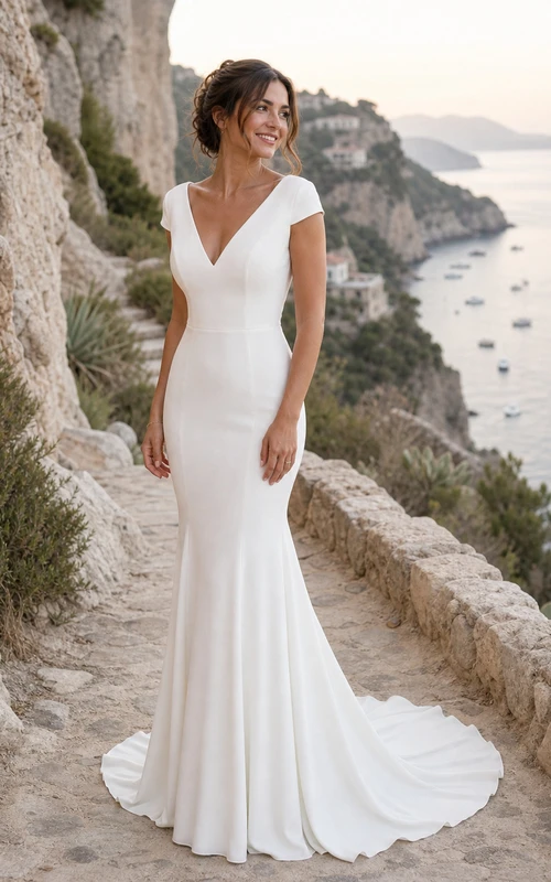 Vestido de novia sencillo de corte sirena con escote en V y espalda baja en V con encaje.