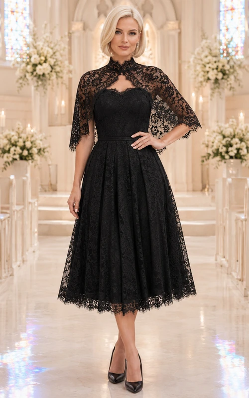 Vestido negro de cuello alto con escote tipo ojo de cerradura y capa de encaje para invitada a tomar el té