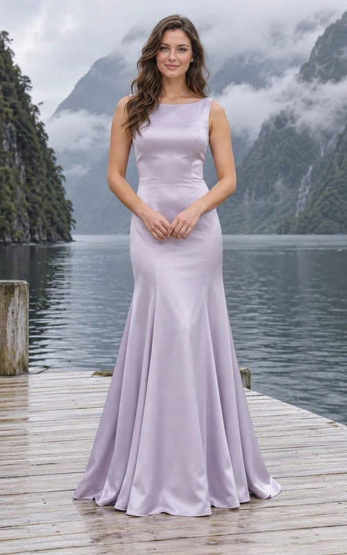 Schlichtes lavendelfarbenes, ärmelloses Brautkleid im Meerjungfrauenstil aus Satin mit U-Boot-Ausschnitt