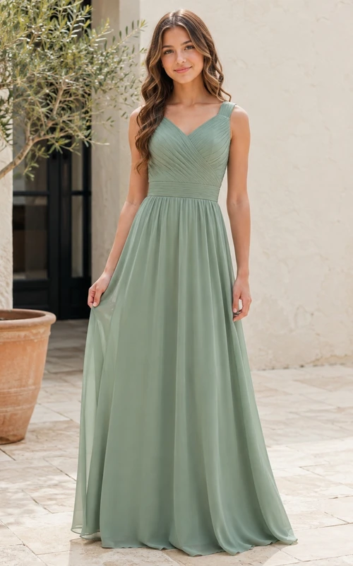 Vestido de dama de honor juvenil color celadón, corte en A, escote en V, sin mangas, gasa plisada, estilo romántico.