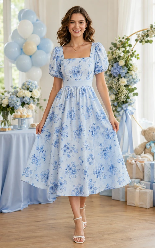 Robe midi trapèze à fleurs bleues, col carré et manches bouffantes