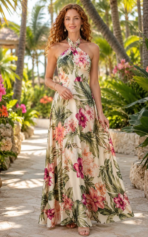 Cream tropical floral halter chiffon maxi resort dress
