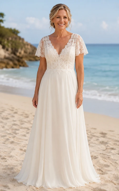 Strandhochzeitskleid aus Spitze, Chiffon und A-Linie für ältere Bräute