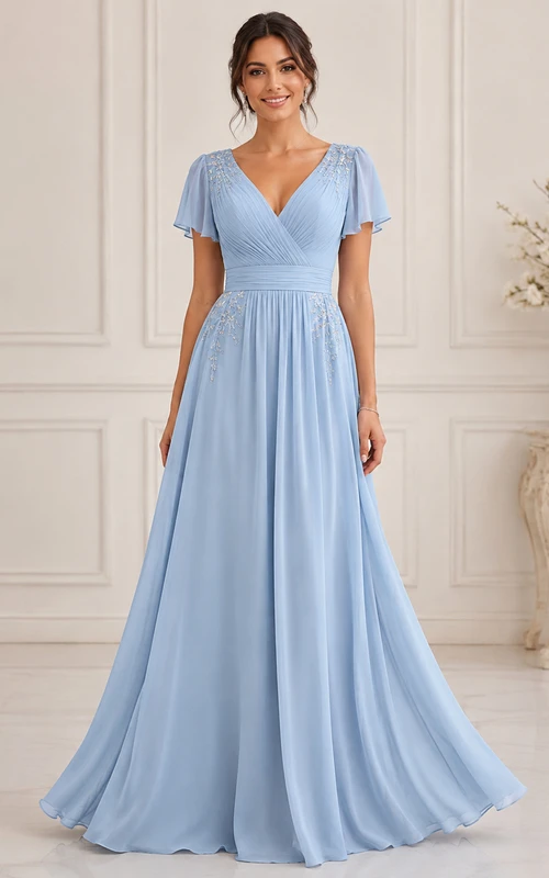 Vestido de corte A para la madre de la novia con escote en V, manga corta y pliegues, largo hasta el suelo.