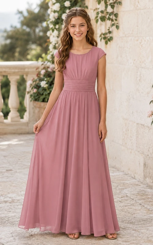 Vestido de dama de honor juvenil rosa empolvado, corte en A, camiseta de manga corta con detalles de joyas, plisado, romántico.