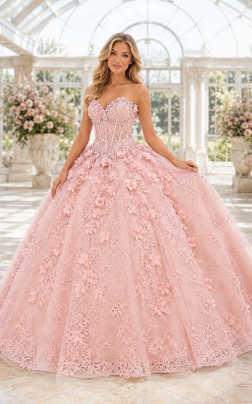 Vestido de fiesta formal de princesa de princesa, sin tirantes, con escote corazón y corte láser, color rosa empolvado.