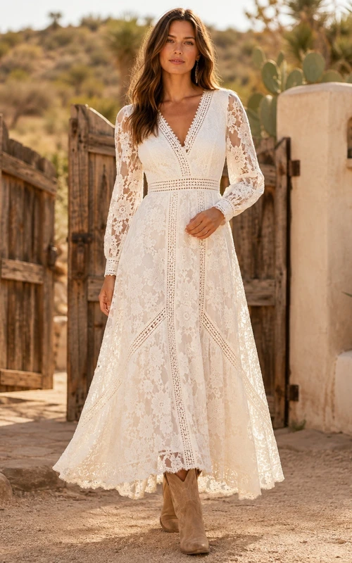 Vestido bohemio blanco de manga larga con escote en V y encaje, corte en A, largo hasta los tobillos.