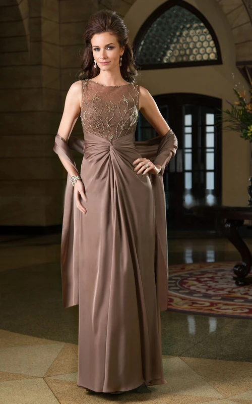 Sleeveless Bateau-Neck Gown With Matching Shawl And Beadings