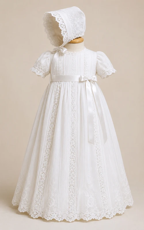 Robe de baptême pour bébé, style princesse vintage et pudique, manches courtes, en tulle et dentelle, traîne au sol et bonnet assorti, blanche.