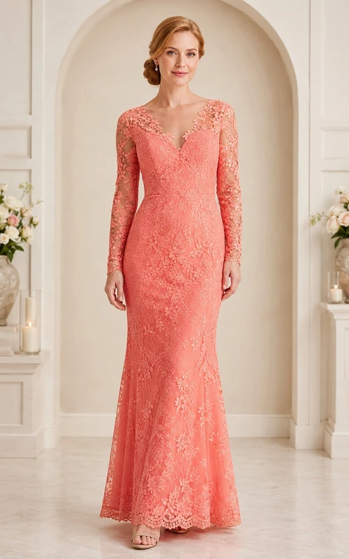 Coral Lace V-neck Sheath Long Sleeve Floor-length Romantic Formal Gown