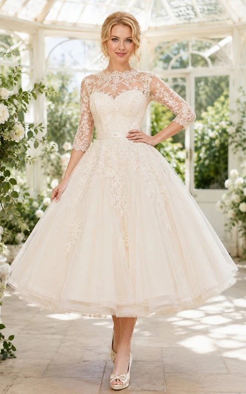 Vintage Teelänge Brautkleid mit dreiviertelärmeln, Spitzenunterrock und A-Linien-Schnitt