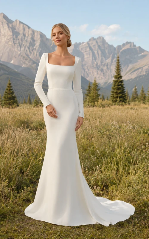 Robe de mariée sirène en satin à manches longues, col carré et traîne, boutonnée dans le dos, en satin et à col carré