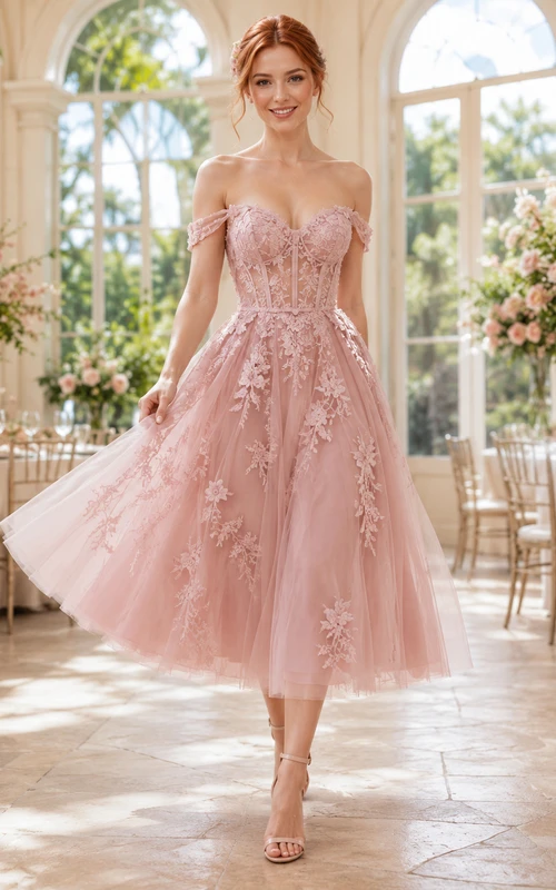 Blush Off Shoulder Floral Lace Tulle Tea Length Wedding Dress