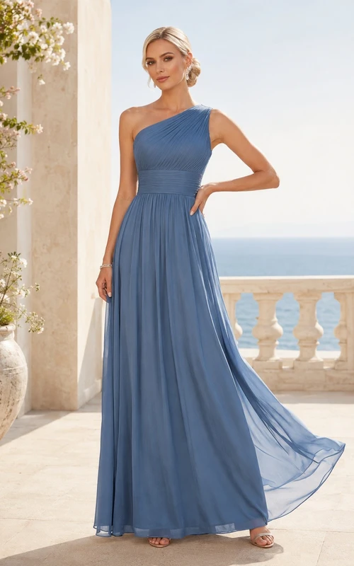 Steel Blue One-Shoulder Sleeveless Floor-Length Chiffon A-Line Maxi Dress