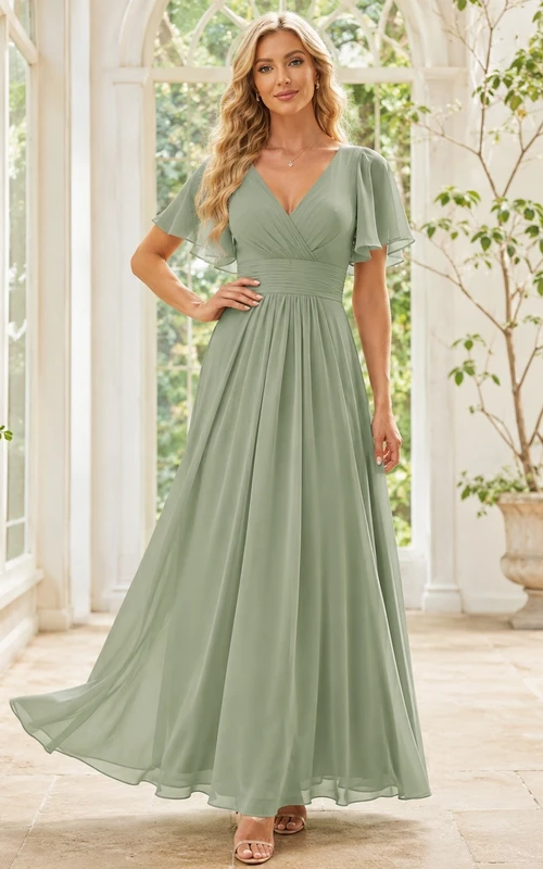 Elegantes, salbeigrünes A-Linien-Maxikleid aus Chiffon mit V-Ausschnitt und flatternden Ärmeln