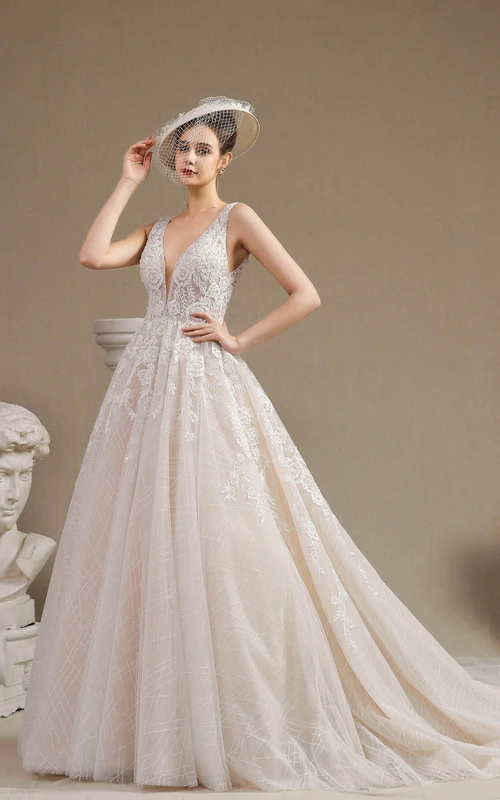 Vintage-Brautkleid im A-Linien-Stil mit tiefem V-Ausschnitt, Schlüssellochausschnitt, ärmellos, mit Spitzenapplikationen und Raffungen