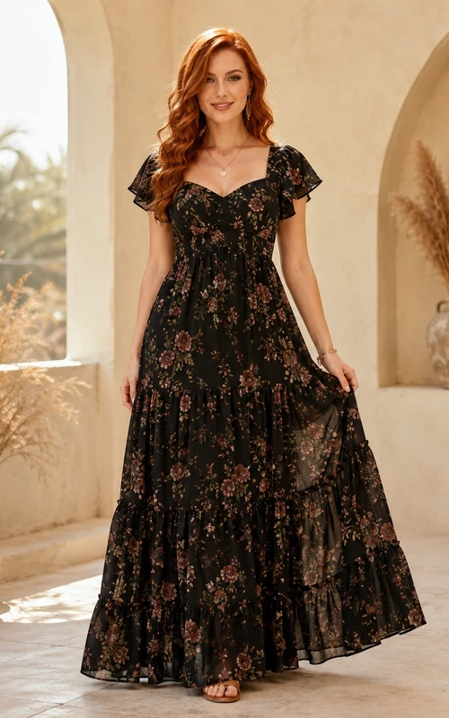 Vestido de invitada bohemio negro con estampado floral, cuello cuadrado, mangas con volantes y corte en A hasta el suelo.
