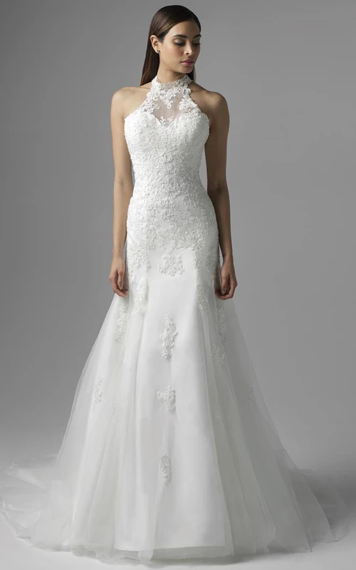 A-Linien-Brautkleid mit hohem Kragen, bodenlang, ärmellos, mit Applikationen aus Spitze, Schleppe und Illusionsrücken