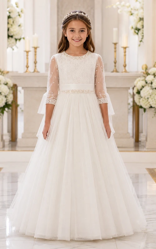 Robe de première communion blanche en tulle à manches longues et poignets évasés