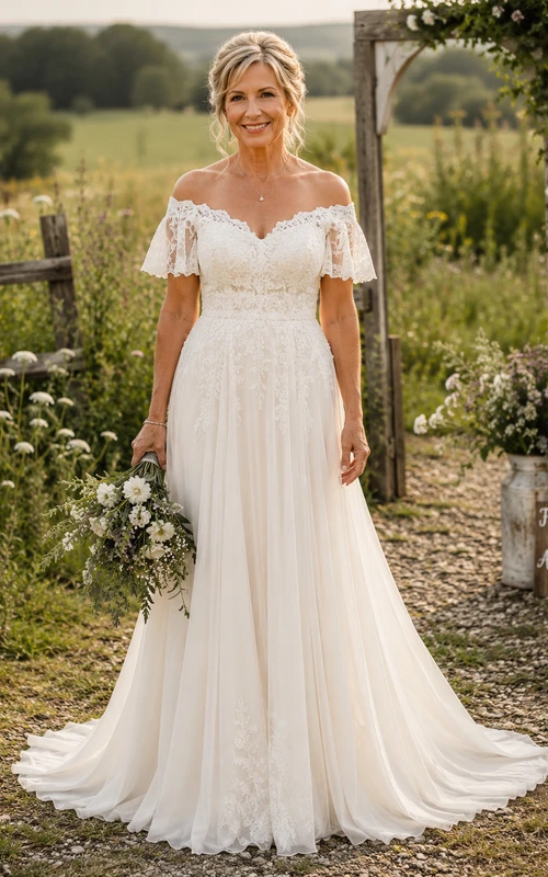 Vestido de novia de encaje con escote Bardot y corte en A, ideal para novias mayores.