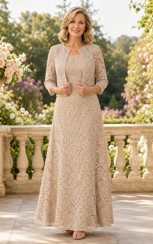 Champagne Modest Lace A-Line Floor-Length Mother of the Bride Dress with Three-Quarter Bolero Jacket