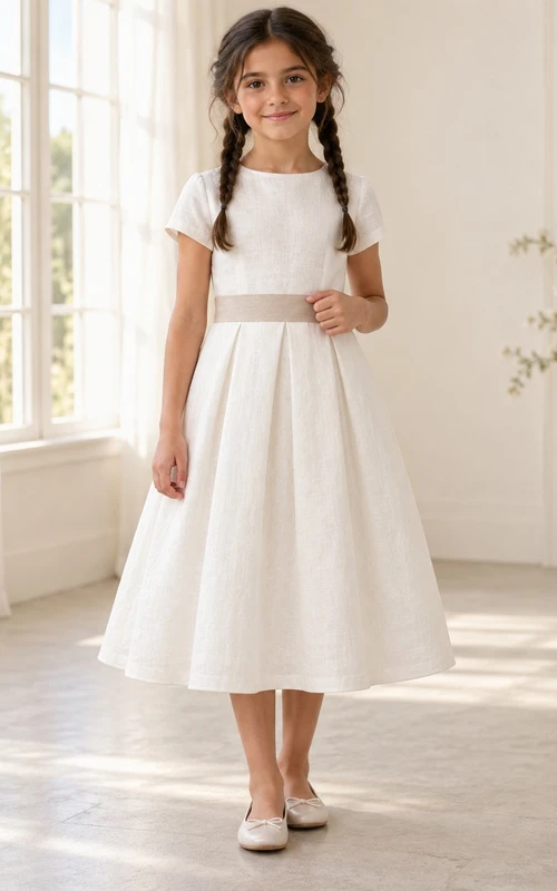 Simple Modest White Tea-length Short Sleeve Narrow Taupe Band Pleated Flower Girl Dress