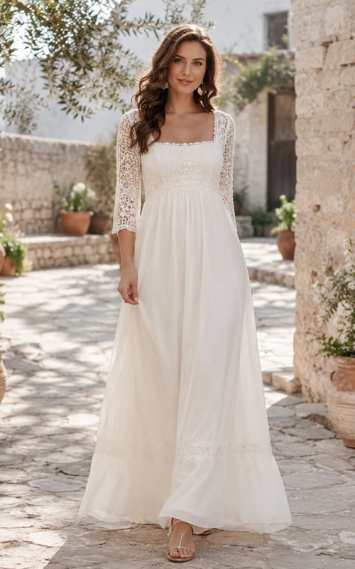 Robe de mariée bohème abordable à col carré, manches trois-quarts en dentelle et longueur cheville