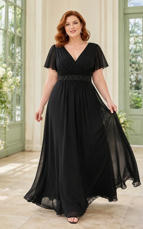 Plus Size Black V-Neck Flutter Sleeve Chiffon A-Line Floor-Length Evening Gown