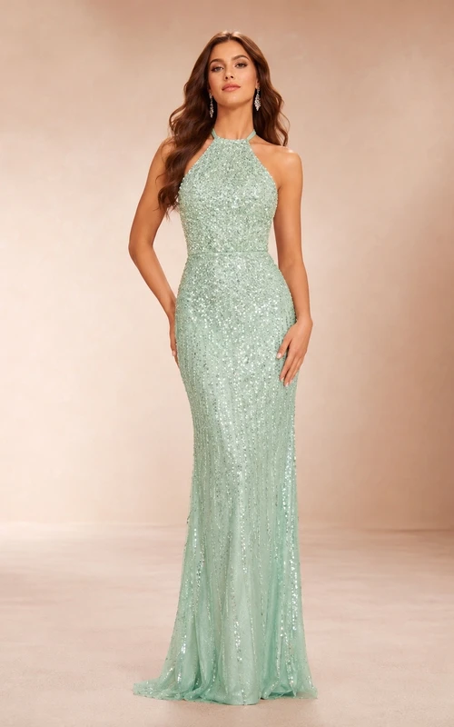 Mint Green Sequin Straps Sleeveless Sheath Floor-length Formal Evening Dress