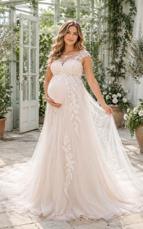 Umstands-Hochzeitskleid im A-Linien-Stil mit Spitze, kurzen Ärmeln und Greenhouse-Stil