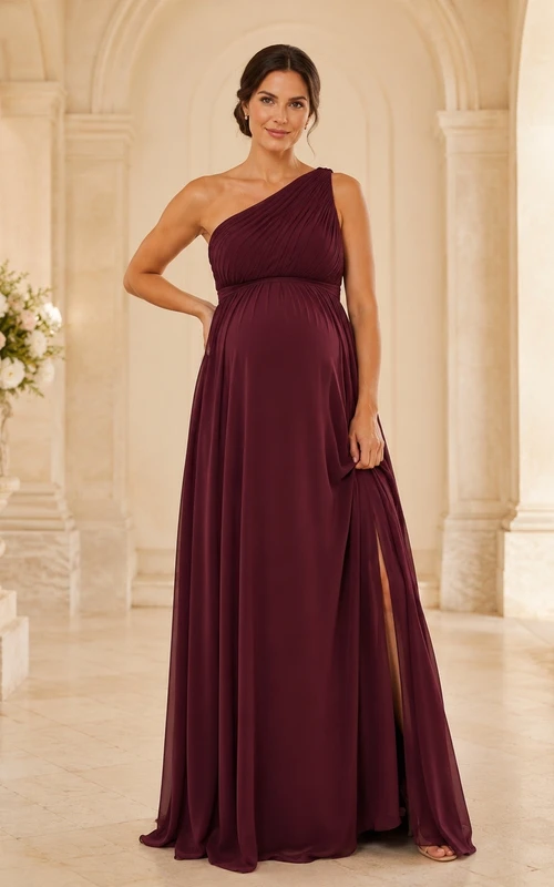 Burgundy Maternity One Shoulder Chiffon Empire Bridesmaid Evening Gown Dress