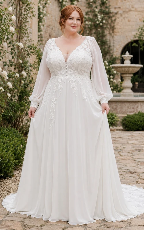 Romantisches Brautkleid in Übergröße mit langen Ärmeln, V-Ausschnitt, Chiffon, A-Linie und großer Oberweite