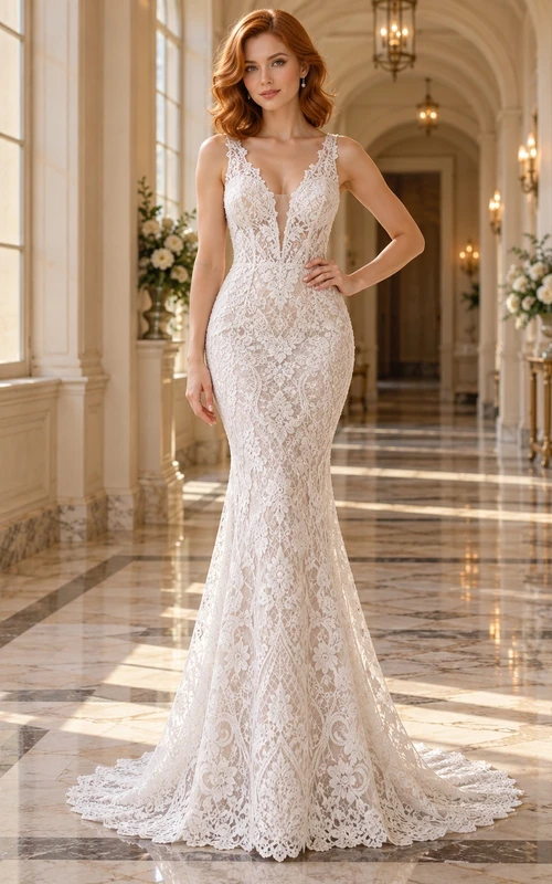 Mermaid V-neck Wide Strap Geometric Lace Bridal Wedding Dress