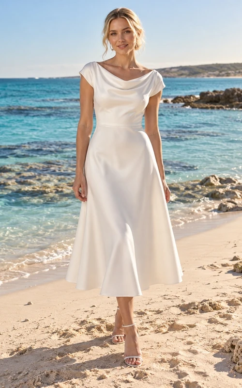 Einfaches, teelanges A-Linien-Strandhochzeitskleid aus Satin mit Wasserfallausschnitt und kurzen Ärmeln