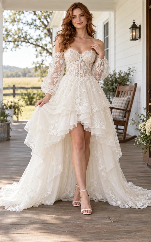 Country High-low Long Sleeve Off Shoulder Corset Lace Wedding Dress