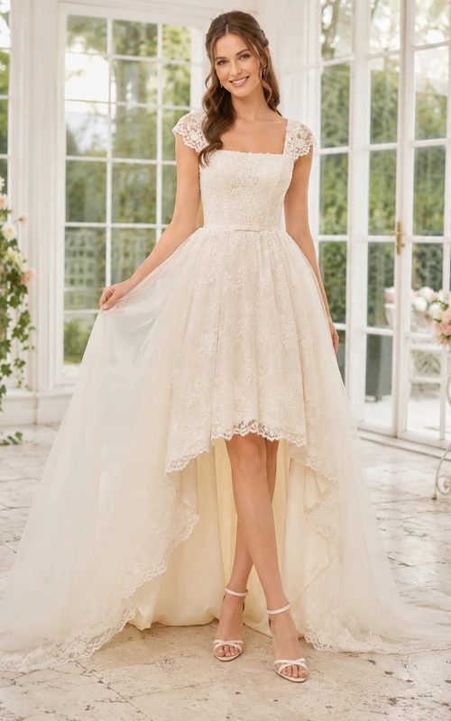 Vintage Square Neck Cap Sleeve Lace High Low A-Line Wedding Dress