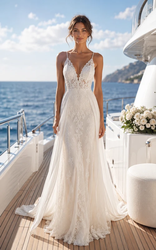 Vestido de novia de tul color marfil con escote en V y corte en A con encaje.