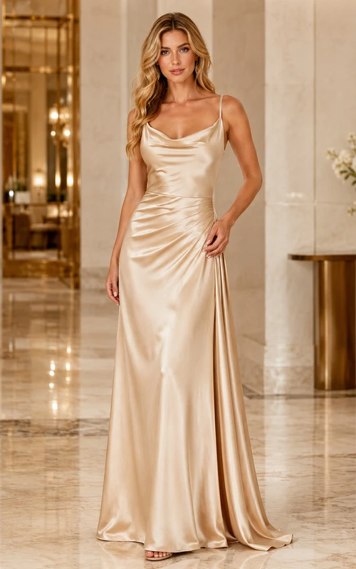 Elegantes, ärmelloses, elegantes Abendkleid aus Satin in Champagner-Optik mit Wasserfallausschnitt, bodenlang.