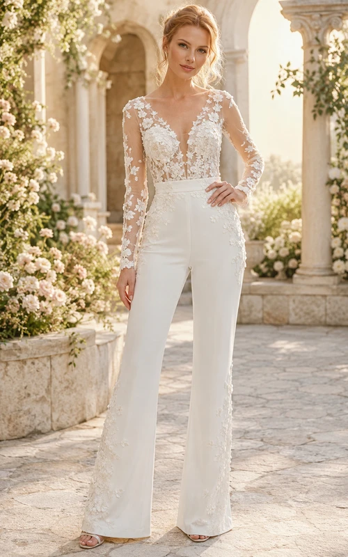 Combinaison de mariée blanche à manches longues en dentelle florale