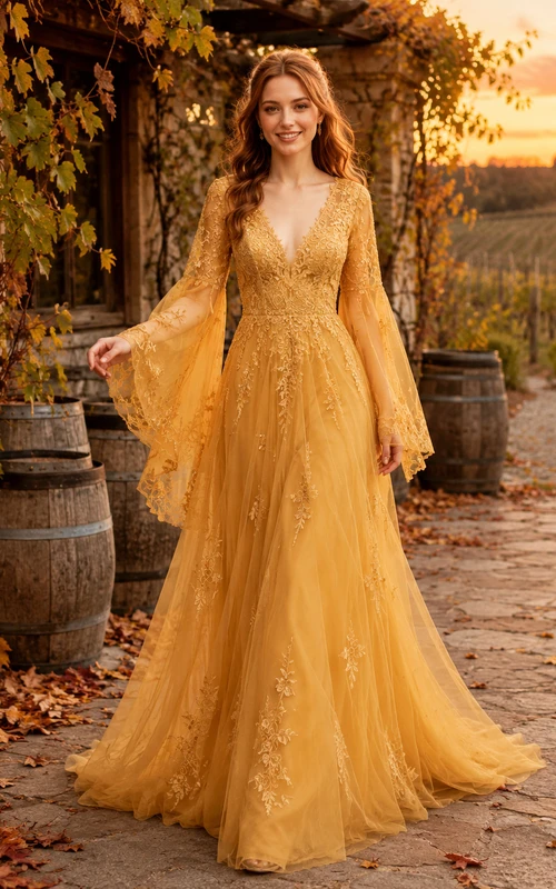 Mustard Lace Bell Sleeve Vineyard Train Bridal Gown