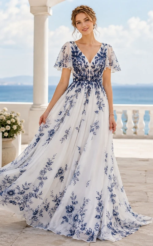 Navy Petal A-Line V-Neck Cap Sleeve Chiffon Romantic Wedding Gown