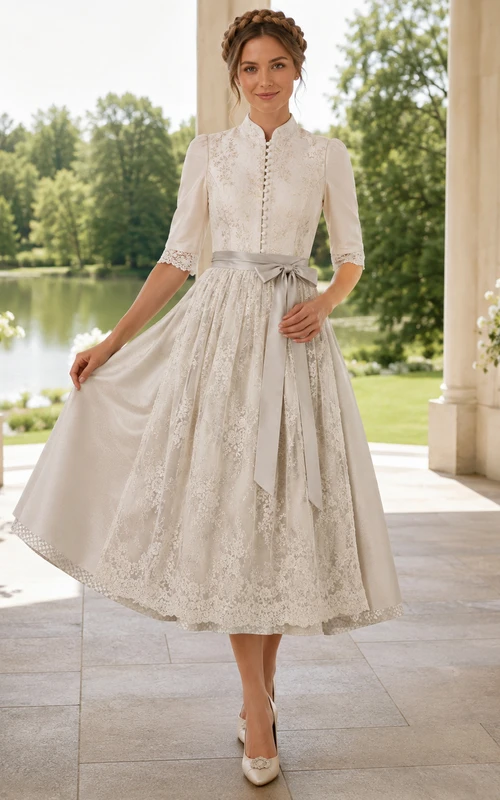 Taupe Modern High Neck Half Sleeve Lace Apron Bridal Wedding Dirndl