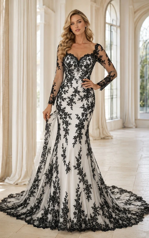 Schwarzes Brautkleid mit floraler Spitze, Illusion-Effekt, langen Ärmeln, V-Ausschnitt, Meerjungfrauen-Schleppe und Schleppe