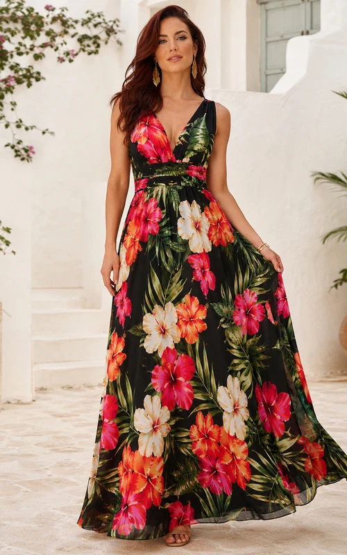 Black Hibiscus V Neck Sleeveless Resort Maxi Dress